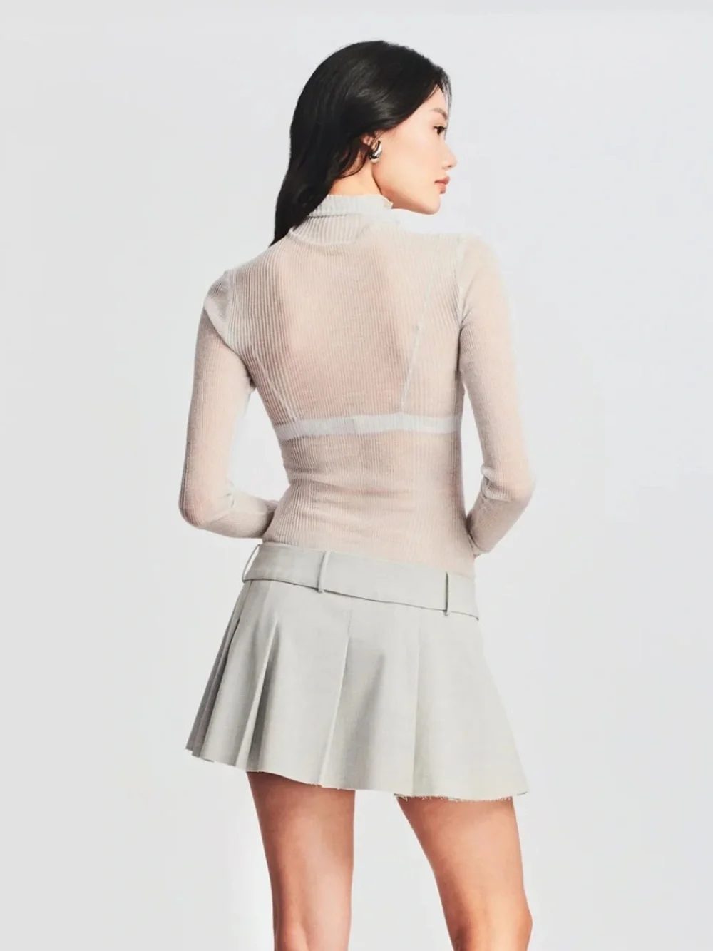 SEROYA Piper Sheer Ribbed Turtleneck Long Sleeve Top in White - Picture 2 of 4